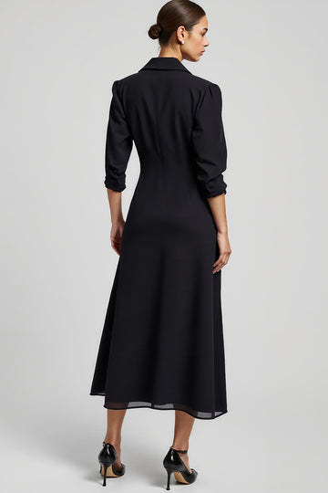 Navy Notched Lapel A Line Long Blazer Dress with Sleeves
